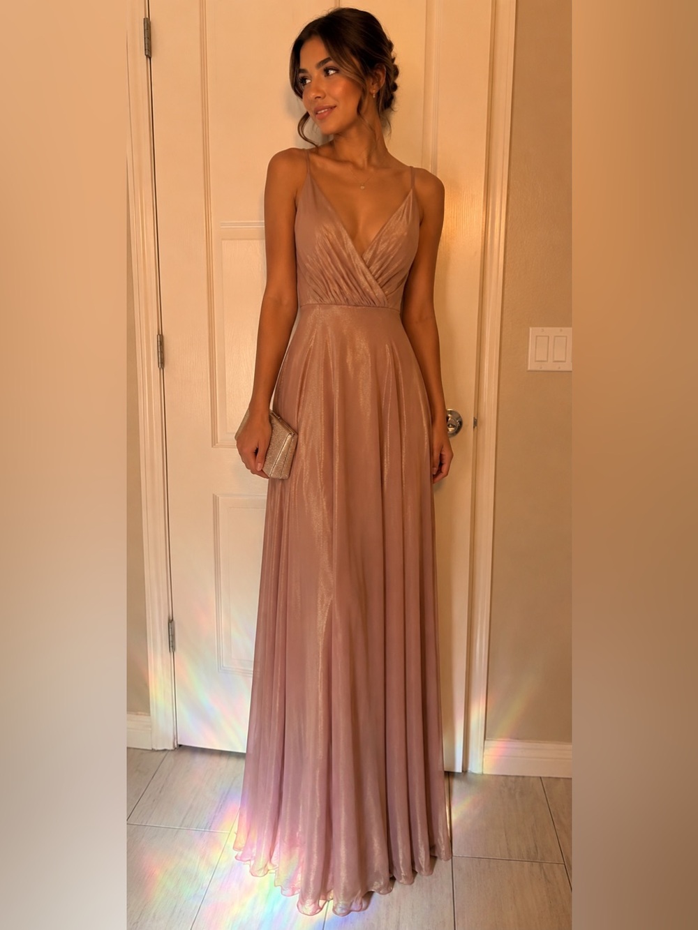 Dusty Rose Maxi Evening Dress with Spaghetti Straps